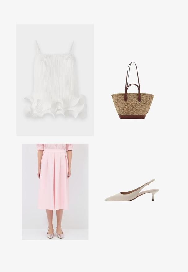 Valkoinen pleatattu toppi, jossa on säädettävät olkaimet, lainehtiva röyhelöhelma ja sileä pinta. Kevyt kangas, jossa on pystysuuntaisia viivoja.; Vaaleanpunainen, polvimittainen pleated-hame, joka on valmistettu sileästä kankaasta. Hameessa on joustava vyötärö ja sivutaskut, yhdistettynä metallisiin kenkiin.; Beige avokkaat, joissa on terävä kärki ja matala, löysä kanta. Valmistettu sileästä nahasta, minimalistisella suunnittelulla ja säädettävällä hihnalla.; Kudottu oljetikassi, jossa on punottu rakenne, tummanruskeat nahkakahvat ja pohja, leveä pyöreä muoto ja avoin ylhästä muotoilu.