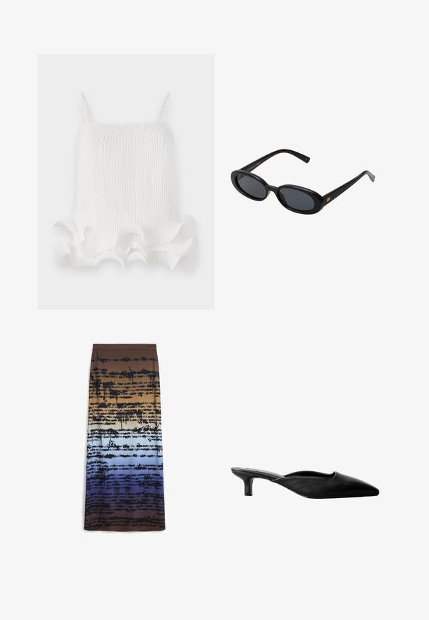 Top bianco a pieghe con spalline regolabili, dotato di un orlo ondulato a volant e una texture liscia. Tessuto leggero con righe verticali.; Gonna maxi in gradazione di colore dal marrone al blu con un design testuale nero, testurizzato e gocciolante. Il materiale sembra morbido e leggero.; Mule nere in pelle con tacco, punta appuntita, apertura sul retro e tacco basso a blocco. Texture liscia con design minimalista.; Occhiali da sole neri oversize con lenti ovali, montatura in plastica liscia e accenti dorati sulle tempie. Le lenti scure offrono protezione dal sole.