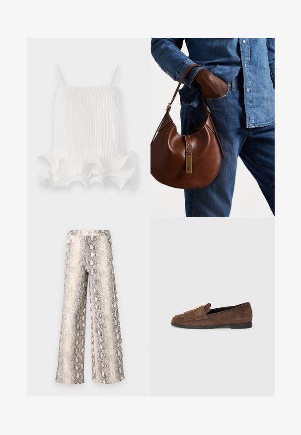 Haut plissé blanc avec bretelles réglables, présentant un ourlet ondulé à volants et une texture lisse. Tissu léger avec des rayures verticales.; Pantalons large en imprimé serpent, avec un schéma de couleurs crème et gris, fabriqués à partir d'un tissu texturé avec une taille haute.; Mocassins en daim marron avec une texture lisse, présentant une sangle avec un accent doré et des détails de franges subtils sur le bout. Semelle plate.; Sac en cuir marron de style hobo avec une forme arrondie, mettant en avant un accent en métal doré et des coutures contrastantes. Assorti à une chemise en denim et un jean.
