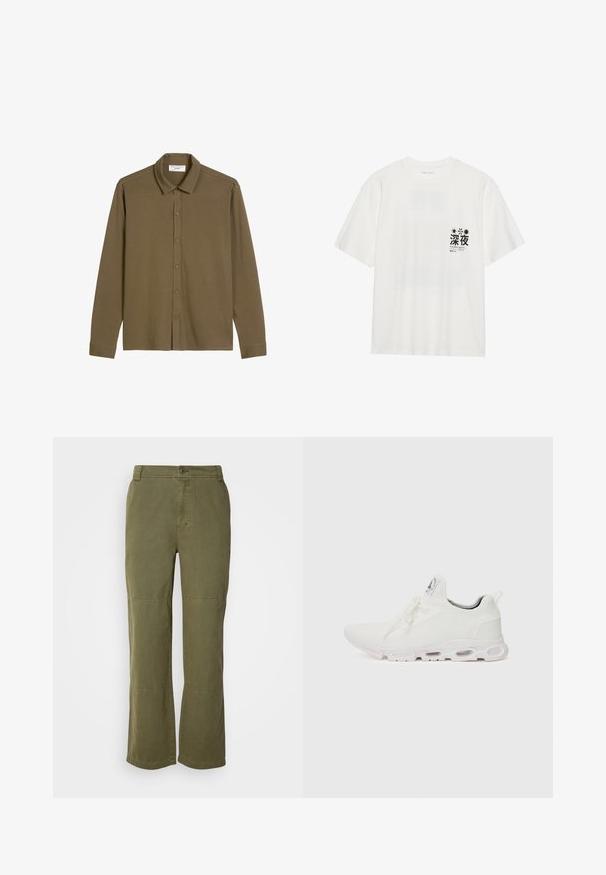 Pitkähihaiset, nappikiinnityksellä varustetut paidat oliivinvihreänä, valmistettu pehmeästä materiaalista. Klassinen kaulus ja suora leikkaus, jossa hihansuissa napit.; Valkoinen puuvillainen T-paita lyhyillä hihoilla. Oikealla rintakehällä musta graafinen printti, jossa on tekstiä ja kuvioita, mukaan lukien tähtiä.; Olivevihreät puuvillahousut, joissa on suora lahje, näkyvä napitus ja polvitaiteakkentti, jotka lisäävät yksityiskohtia ja rakennetta.; Valkoiset urheilukengät, joissa on teksturoitu neulepinta, litteät nauhat ja pehmustettu pohja, jossa on näkyvät ilmakammiot lisätuen tarjoamiseksi.