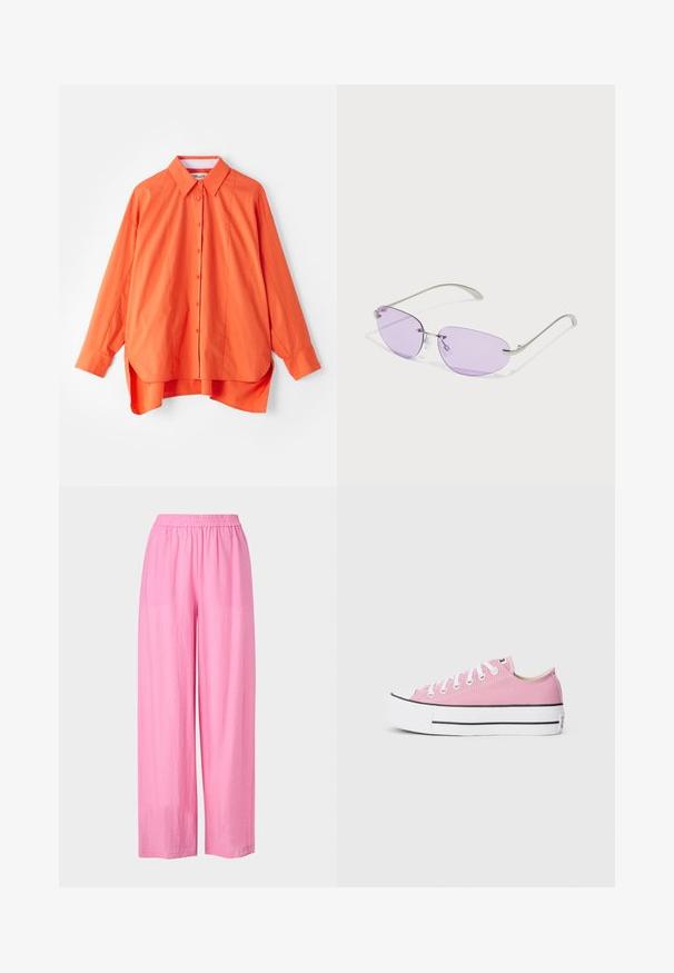 Oprta srajca v oranžni barvi z ovratnikom, dolgimi rokavi in rahlo ukrivljenim robom. Narejena iz gladkega materiala z ohlapnim krojem.; Roza široka hlače iz lahkega materiala z elastičnim pasom. Gladka tekstura, brez vidnih vzorcev ali dekoracij.; Roza platnena športna obutev s klasičnim nizkim dizajnom, belim gumijastim zaščitnim delom na prstih in črnimi poudarnimi črtami na podplatu. Raven beli vezalke.; Sončna očala z ovalnimi vijoličnimi lečami, kovinskim okvirjem in tankimi ročaji. Jasne nosne blazinice in diskretno blagovno znamko na ročaju.; Lila torbica iz teksturiranega materiala, ki ima dve zgornji ročki, snemljiv naramni trak ter pisane okrasne charms.