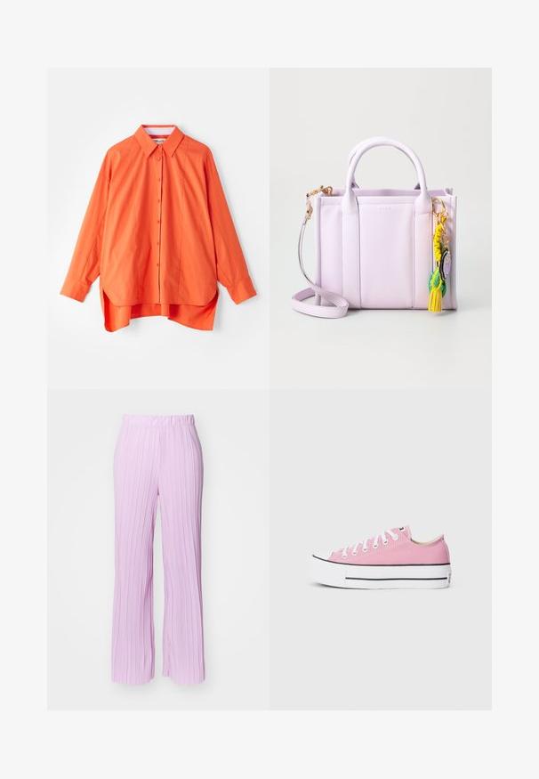 Narančasta košulja s dugim rukavima, ovratnikom i blago zakrivljenim rubom. Izrađena od glatkog materijala s opuštenim krojem.; Svijetloružičaste, naborane hlače širokih nogavica s elastičnom gumom u struku, s vertikalnom teksturom i glatkom završnom obradom.; Roze platnene tenisice s klasičnim niskim dizajnom, bijeli gumeni zaštitni vrh i crne ukrasne pruge na potplatu. Ravne bijele vezice.; Lila torbica napravljena od teksturiranog materijala, s dva gornja ručka, odvojivim remenom za rame i šarenim dekorativnim privjescima.