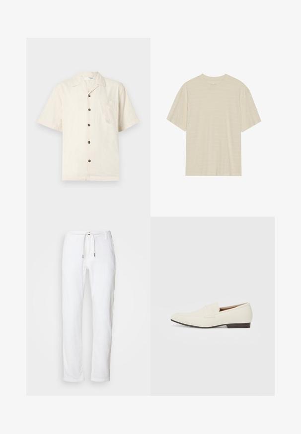 Camisa de manga corta en color blanco roto, hecha de tela ligera, que presenta un cuello con muesca, un bolsillo en la parte delantera y botones de color marrón oscuro.; Camiseta de manga corta color crema con una sutil textura a rayas y cuello redondo, confeccionada en una tela ligera.; Pantalones de lino blancos con un ajuste relajado, cintura con cordón ajustable y textura sutil. Presenta piernas rectas y puntas metálicas en el cordón.; Mocasines beige claro con puntera puntiaguda, material suave, una correa a través del empeine y una suela baja marrón. Diseño simple con acentos mínimos.