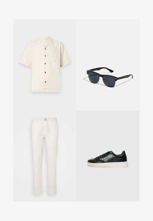 Lühikeste varrukatega särk kreemikasvalge, kergest kangast, millel on kaheharuline krae, eesmine tasku ja tumepruunid nööbid.; Valged linased püksid, millel on tõmbluku vöökoht, sirge jalgade disain ja peen tekstuur. Ilma nähtavate taskute või mustriteta.; Mustad mustad mustad kroko-reljeefiga nahast ülemine osa, ümar varvas ja kontrastne valge kummitald, millel on sile viimistlus.; Mustad mustmikrooni kujuga mustad prillid, tumedate klaasidega, hõbedased detailid templite juures ja mati viimistlusega raam.