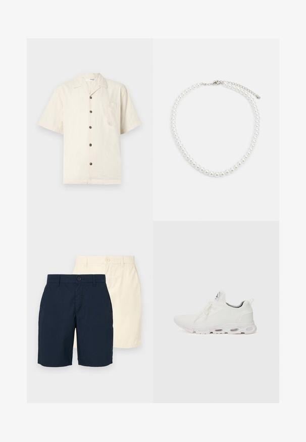 Chemise à manches courtes en blanc cassé, en tissu léger, avec un col noté, une poche avant et des boutons marron foncé.; Deux paires de shorts : une bleu marine et une beige clair. Les deux ont une coupe droite, une fermeture à bouton et un tissu lisse et léger.; Baskets blanches de sport avec un dessus en maille texturée, des lacets plats et une semelle rembourrée avec des chambres à air visibles pour un soutien supplémentaire.; Collier en perles blanches avec une forme ronde uniforme, surface lisse et fermoir en métal avec une chaîne d'extension pour une longueur ajustable.
