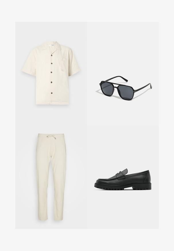 Rövid ujjú ing krém színben, könnyű anyagból készült, nyakkivágással, elülső zsebbel és sötétbarna gombokkal.; Beige színű nadrág, könnyű anyagból készült, húzózsinóros derékkal, letapadós illeszkedéssel és sima textúrájú, egyenes lábakkal.; Fekete bőr loafer cipők kerek orral, varrott mintázattal, alacsony platformtalpú és texturált, barázdált gumitalppal.; Fekete napszemüveg nyolcszögletű kerettel, sötét lencsékkel, fényes felülettel, vékony szárakkal és arany díszítéssel az elülső részén.