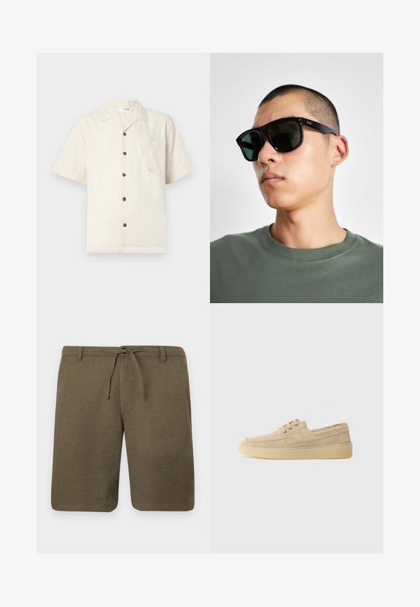 Īsām piedurknēm krekls smalkā baltā krāsā, izgatavots no viegla auduma, ar izgrieztu apkakli, priekšējo kabatu un tumši brūniem pogām.; Olīvu zaļi lina šorti ar gludu priekšu, auklu jostu un sānu kabatām; teksturēta auduma ar brīvu, atvieglotu piegulšanu.; Bežīgi zamšādas apavi ar zemu profilu, apaļu pirkstu un minimālistisku dizainu. Iekļautas tonālas šuves un saites ar metāla acīm. Gumijas zole.; Melni taisnstūra saulesbrilles ar tumšiem stikliem, ar izteiksmīgu formu un zīmolu uz tempļa. Valkā cilvēks zaļā krekla.