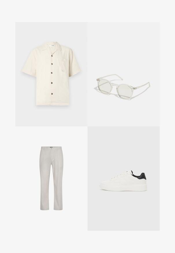 Īsām piedurknēm krekls smalkā baltā krāsā, izgatavots no viegla auduma, ar izgrieztu apkakli, priekšējo kabatu un tumši brūniem pogām.; Gai bēšā krāsa bikses, izgatavotas no maiga, gluda auduma. Iespējams taisni griezti, ar priekšpusi krokām un vienu pogu aizdare jostasvietā.; Baltas ādas sporta apavi ar iegravētu rakstu, strukturētu baltu starpzoli un melnu papēža akcentu. Iezīmējas ar apaļu purngali un plakaniem auklām.; Apaļi saulesbrilles ar caurspīdīgu rāmi, gaiši zaļām lēcām un plānām, caurspīdīgām kājām. Rāmī ir izsmalcināti metāla akcenti.