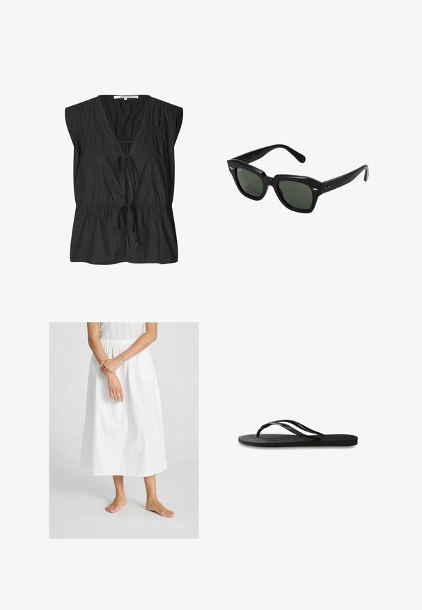 Second Female FELIXA - Blouse - black; White, ankle-length skirt made of cotton with an elastic waistband. Smooth texture, featuring a simple, flowing design.; Black flip-flop featuring a textured rubber sole, two slender straps, and a subtle, embossed logo detail on the strap.; Black square sunglasses with dark green lenses, featuring bold frames and silver accents on the sides. Made in Italy.