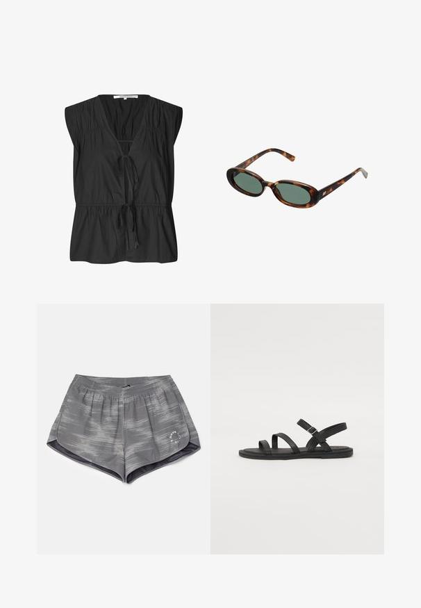 Second Female FELIXA - Blouse - black; Shorts de sport gris avec un motif ondulé, taille élastique et fentes latérales pour plus de flexibilité. Présente un petit logo blanc sur l'ourlet.; Sandales en cuir noir avec trois larges lanières sur le pied et une lanière de cheville réglable. Semelle plate avec un profil de traction minimal. Design simple.; Lunettes de soleil en écaille de tortue avec des montures ovales et des verres verts. Elles présentent des branches fines avec un accent métallique près des charnières.; Sac tissé beige avec un design en filet, doté de deux poignées tressées et d'une fermeture à cordon, rehaussé de détails en perles noires.