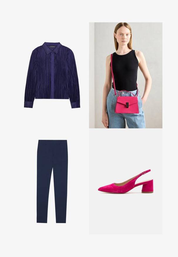 Lila redőzött blúz, strukturált gallérral és sima mandzsettákkal, függőleges textúrával és gombos előlapi záródással.; Sötétkék nadrág sima anyagból, egyenes szárú kialakítással és sima előlappal. Nincsenek látható minták vagy díszítések.; Félcipő élénk magenta velúrból, hegyes orral, széles blokk sarkal, állítható pánttal és csattal, sima felülettel és zárt hátrésszel.; Rózsaszín, struktúrált kézitáska, hajtóka záródással és fekete kiegészítőkkel. Keresztben hordható, hosszú pánttal. Simaság jellemzi.
