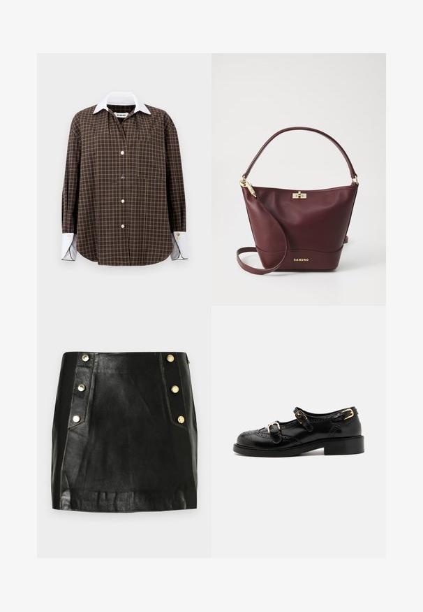 Camicia a scacchi marrone e verde con colletto bianco, maniche lunghe, chiusura con bottoni e taschino sul petto; presenta una texture sottile e un orlo arrotondato.; Gonna mini in pelle nera con un design aderente, dotata di bottoni in tonalità oro su un lato e dettagli di cucitura visibili. Texture liscia.; Scarpe in pelle nera con dettagli brogue, dotate di due cinturini con fibbia, punta arrotondata e tacco basso. Texture liscia con finitura lucida.; Borsa a mano in pelle borgogna con una forma strutturata, una base piatta, una maniglia arrotondata e dettagli in oro, inclusi una chiusura e il logo.
