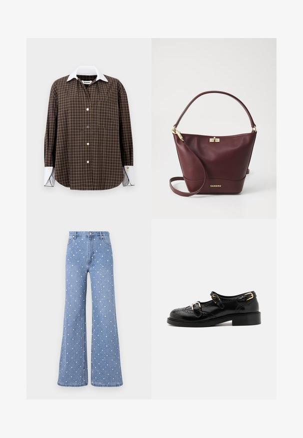 Brown and green checked shirt with a white collar, long sleeves, button front, and single chest pocket; features subtle texture and rounded hem.; Light blue flared jeans featuring a dotted pattern of white and silver studs, with standard waistband and front button closure.; Black leather shoes with brogue detailing, featuring two buckle straps, a rounded toe, and a low heel. Smooth texture with shiny finish.; Burgundy leather handbag with a structured shape, a flat base, a rounded handle, and gold hardware featuring a clasp and logo detail.