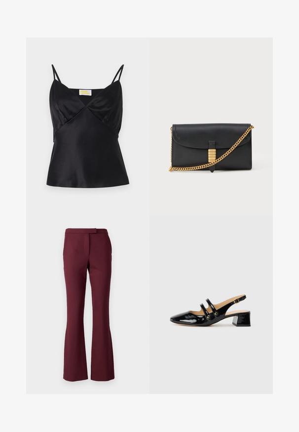 Camisola nera in satin con spalline sottili regolabili, scollatura a V e silhouette aderente con una leggera lucentezza e una texture liscia.; Pantaloni tailored bordeaux con fondo svasato, realizzati in tessuto intrecciato, dotati di una vita aderente e un sottile dettaglio con cucitura frontale.; Scarpa slingback in pelle lucida nera con punta affusolata, dettagli a due cinturini, accenti circolari dorati e tacco a blocco basso.; Clutch in pelle nera con patta pieghevole, tracolla in catena dorata e un accento decorativo dorato con lettere in rilievo, texture liscia.