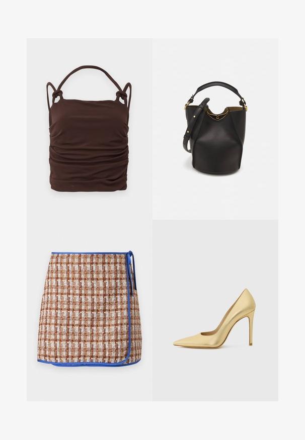 Pruun, rütmitatud kangast särk, millel on reguleeritavad sõlmedega sangad, sile tekstuur ja ristkülikuline kuju. Pole nähtavat riistvara ega mustreid.; Kootud vöörihmaga seelik pruunikasmustrites kontrollmustris, sinise äärisega. Omab külje sidet ja tekstuurset kangast lisadetailideks.; Kuldne metallik terava ninaga kõrge kontsaga king, nähtud külgvaates heledal taustal.; Mustast nahkämbriga kott tekstuurses viimistluses, kuldsete metalldetailide aktsentidega ja avatud ülaosaga. Omab lühikest käepidet ja reguleeritavat õlavarre rihma.