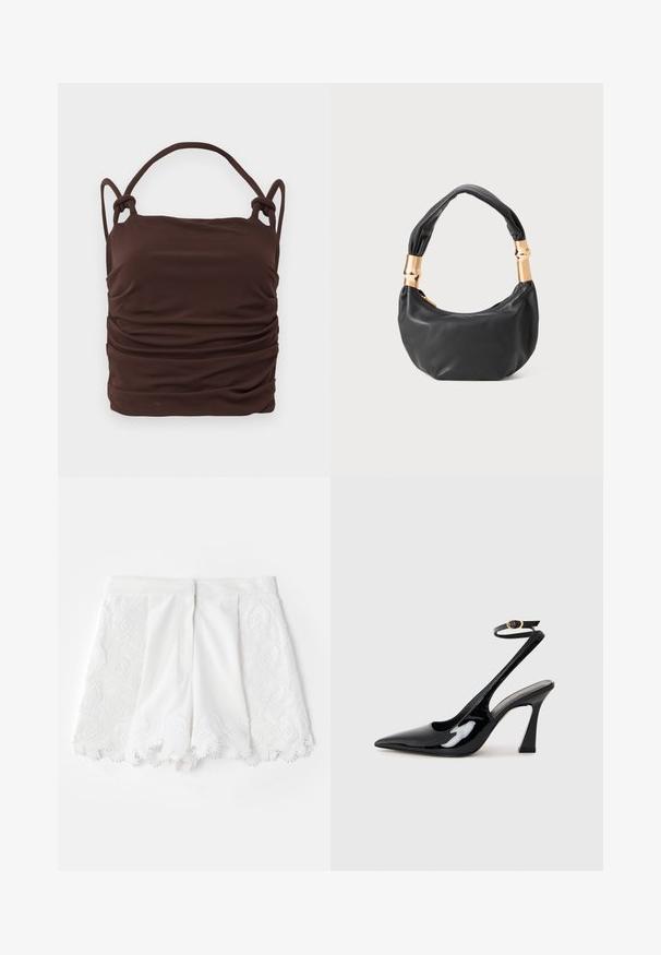 Top in tessuto marrone arricciato con spalline annodate regolabili, caratterizzato da una superficie liscia e forma rettangolare. Nessuna hardware o motivi visibili.; Pantaloni corti bianchi con un motivo ricamato testurizzato lungo i lati e orlo a forma scallop. Tessuto liscio con dettagli decorativi in perle.; Slingback eleganti in pelle verniciata nera con punta appuntita, cinturino alla caviglia regolabile e tacco quadrato moderato. Texture liscia con finitura lucida.; Borsa a tracolla in pelle nera con una forma rotonda, texture morbida e manico annodato con dettagli in metallo dorato. Chiusura con zip.