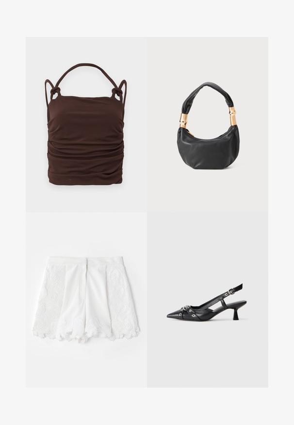 Pruun, rütmitatud kangast särk, millel on reguleeritavad sõlmedega sangad, sile tekstuur ja ristkülikuline kuju. Pole nähtavat riistvara ega mustreid.; Valged lühikesed püksid, millel on tekstuuriga tikandiga disain külgedel ja laineline äär. Sile kangas koos dekoratiivsete helmesi nüanssidega.; Must must have must toote tõmblukuga, dekoratiivsed rihmad metallist silmadega ja madal blokk-kand. Tekstureeritud pind.; Must mustrepp nahkakott ümmarguse kujuga, pehme tekstuuriga ja sõlmiga käepidemega, millel on kuldse tooni aksessuaarid. Lukuga sulgemine.