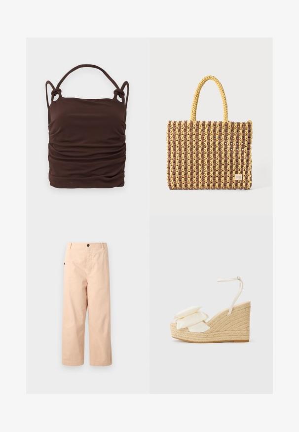 Pruun, rütmitatud kangast särk, millel on reguleeritavad sõlmedega sangad, sile tekstuur ja ristkülikuline kuju. Pole nähtavat riistvara ega mustreid.; Beige puuvillased lühikesed püksid otse lõikega, millel on üks nupp vöökohtal ja küljetaskud. Sile tekstuur, ilma mustriteta.; Kaldte meeste jalatsid looduslikult jute platvormiga, kreemi värvi kangast ülaserv ja kaks kihilist lillemotivi; sisaldab õhukest pahkluu rihma kinnitusega.; Kootud kott pruunis ja kollases, millel on ristkülikukujuline kuju, kaks käepidet ja tekstureeritud viimistlus koos nähtava õmblusega ning brändi sildiga.