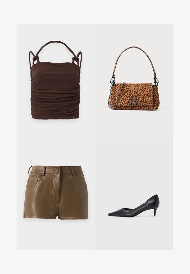 Barna, ráncolt szövet felső állítható, csomós pántokkal, sima tapintással és téglalap alakú kialakítással. Nincs látható fémrész vagy minta.; Barna műbőr rövidnadrág, testhez álló szabással, övlyukakkal ellátott derekkal, elülső zsebekkel és látható varrási részletekkel.; Fekete bőr magassarkú cipő hegyes orral és alacsony sarokkal. Sima felülettel és enyhe fényű kialakítással rendelkezik. Az elején nyitott részlet a fokozott díszítésért.; Leopárdmintás bőrönd velúr anyagból, rövid fogantyúval, lánc pánttal és fekete fémzárral. Téglalap alakú, hajtókás záródással.