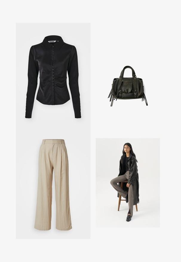 Black long-sleeve shirt with a collared neck, featuring a ruched front design and button closure, made from a smooth fabric.; GAP TROUSER - Trousers - bedrock; Black leather trench coat with buttons and belt detail, paired with light brown fitted pants and black loafers, seated on a wooden stool.; Black leather handbag with braided handles, zipper pocket, and hanging tassels. Textured surface with metal studs and hardware accents.