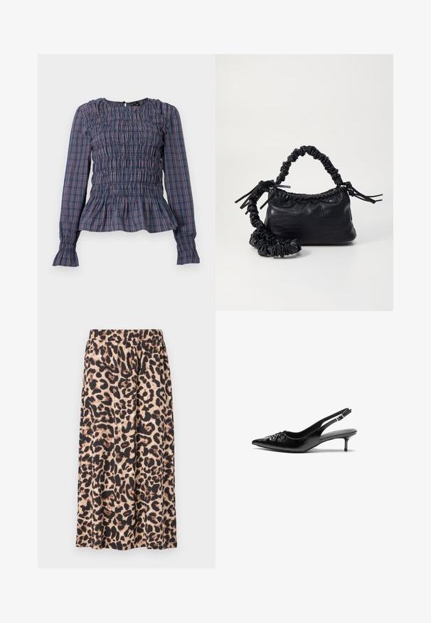 Zila un sarkanā svītrainā garām piedurknēm blūze ar smockētu krūšu daļu un frillētu apakšējo malu un piedurknēm, izstādīta uz baltā fona.; Bežā un melnā leopardu raksta svārki, izgatavoti no viegla auduma. Iezīmē elastīgu jostu un plūstošu A forma dizainu.; Melni ādas sandales ar norādītu pirkstu, mazu kaķa papēdi un dekoratīvu mezglu detaļu priekšā. Gluda tekstūra visā virsmā.; Melnā mākslīgās ādas rokassoma ar krokodila rakstu, savilkta augšdaļa un saburzīta siksna. Izskatās mīksta un kompakta pēc dizaina.