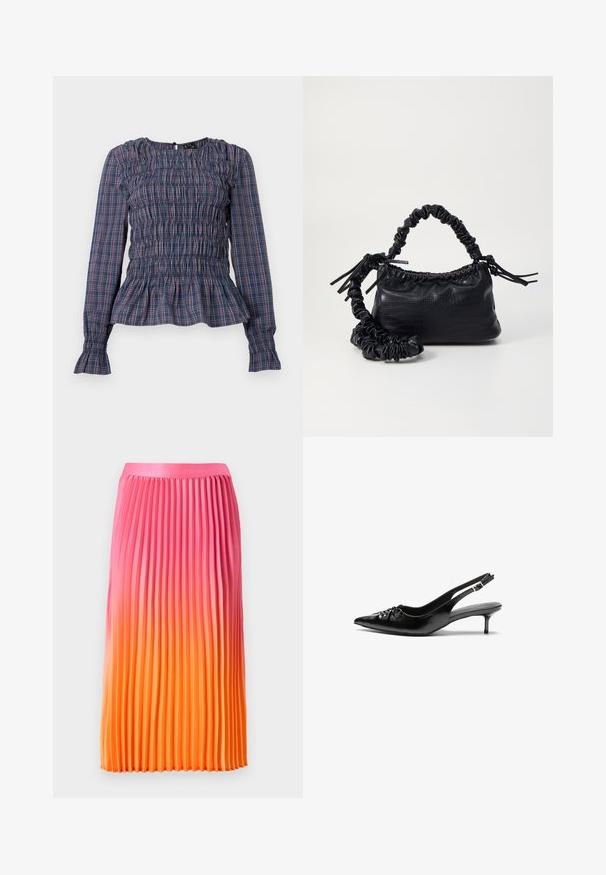 Zila un sarkanā svītrainā garām piedurknēm blūze ar smockētu krūšu daļu un frillētu apakšējo malu un piedurknēm, izstādīta uz baltā fona.; Garinātas svārku svārki ar gradientu no rozā uz oranžu, ar gludu jostu un plūstošu dizainu, izgatavoti no viegla auduma.; Melni ādas sandales ar norādītu pirkstu, mazu kaķa papēdi un dekoratīvu mezglu detaļu priekšā. Gluda tekstūra visā virsmā.; Melnā mākslīgās ādas rokassoma ar krokodila rakstu, savilkta augšdaļa un saburzīta siksna. Izskatās mīksta un kompakta pēc dizaina.