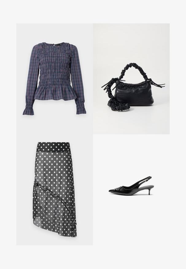 Blå og rød rutete langermet bluse med smocket liv og volanger nederst på ermene og hem, vist mot en hvit bakgrunn.; Svart polkadotter-skjørt med en gjennomsiktig overdel, med bred livlinje og lagdelt, asymmetrisk design. Glatt tekstur og lett materiale.; Sorte skinnert remsandaler med spiss tå, liten kittenhæl og en dekorativ knute detalj foran. Glatt tekstur gjennom hele.; Svart faux skinn-håndveske med krokodilletekstur, strammet topp og en rynket stropp. Ser myk og kompakt ut i designen.