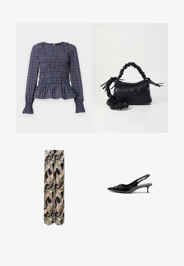 Kék és piros kockás, hosszú ujjú blúz, smocked mellel és fodros szegéllyel, valamint mandzsettával, fehér háttéren bemutatva.; Palazzo nadrág fekete alapon, merész levélmintával zöld, bézs és piros színben, kényelmes, rugalmas derékkal.; Fekete bőrből készült slingback magassarkú cipők hegyes orral, kis francia sarokkal és díszes csomóval az elején. Az egész felületen sima textúra.; Fekete műbőr kézi táska krokodil bőr textúrával, összehúzható tetejű és gyűrt pánttal. Lágy és kompakt dizájnúnak tűnik.