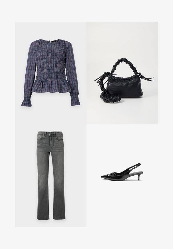 Kék és piros kockás, hosszú ujjú blúz, smocked mellel és fodros szegéllyel, valamint mandzsettával, fehér háttéren bemutatva.; Sötét szürke farmer flare nadrág, magas derékkal, öt zsebbel és egy gombos záródással. Simás textúra, enyhe kopással.; Fekete bőrből készült slingback magassarkú cipők hegyes orral, kis francia sarokkal és díszes csomóval az elején. Az egész felületen sima textúra.; Fekete műbőr kézi táska krokodil bőr textúrával, összehúzható tetejű és gyűrt pánttal. Lágy és kompakt dizájnúnak tűnik.