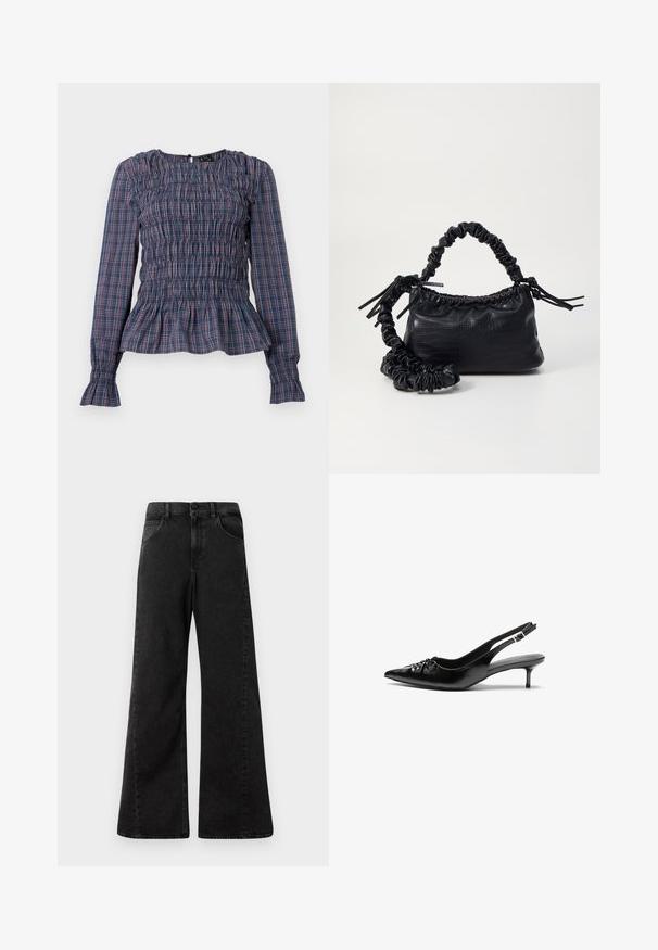 Blå og rød rutete langermet bluse med smocket liv og volanger nederst på ermene og hem, vist mot en hvit bakgrunn.; Høyt liv svarte denimjeans med bred bendesign, med frontlommer og knappelukking i midjen.; Sorte skinnert remsandaler med spiss tå, liten kittenhæl og en dekorativ knute detalj foran. Glatt tekstur gjennom hele.; Svart faux skinn-håndveske med krokodilletekstur, strammet topp og en rynket stropp. Ser myk og kompakt ut i designen.