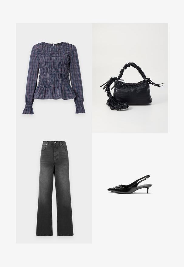 Blouse à manches longues bleu et rouge à carreaux avec un corsage froncé et un ourlet et des poignets volantés, présentée sur un fond blanc.; Jeans taille haute et jambes larges en denim gris foncé. Présente un design classique à cinq poches et des détails de couture au niveau de l'ourlet.; Des escarpins en cuir noir à talon slingback, avec un bout pointu, un petit talon kitten et un détail de nœud décoratif à l'avant. Texture lisse sur toute la surface.; Sac à main en simili cuir noir avec une texture crocodile, un dessus resserré et une sangle froncée. A l'apparence douce et compacte.