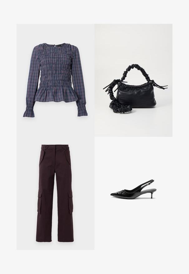 Sininen ja punainen ruudullinen pitkähihainen paita, jossa on smockattu yläosa ja röyhelöhelma sekä -hihansuut, esitetty valkoisella taustalla.; Tumman violetit suoralahkeiset cargo-housut, joissa on läpälliset taskut sivuilla, viistetyt etutaskut ja vyölenkit vyötäröllä.; Mustat nahkaiset slingback-korkokengät, joissa on terävä kärki, pieni kitten-korko ja koristeellinen solki edessä. Yksinkertainen pinta kauttaaltaan.; Must-have mustekahvi nahkalaukku krokotiiliaistalla, kiristetty yläosa ja rypistetty hihna. Näyttää pehmeältä ja kompaktilta muotoilultaan.