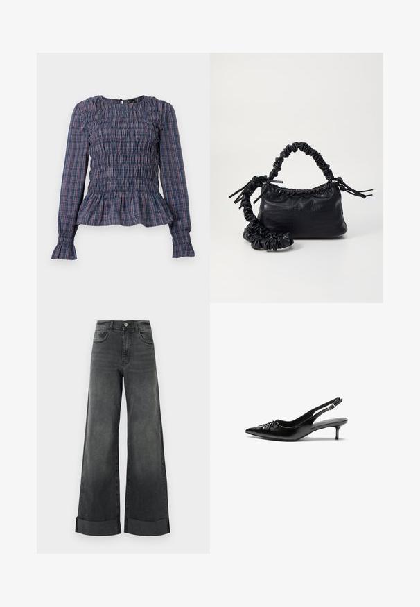 Blue and red plaid long-sleeve blouse with smocked bodice and ruffled hem and cuffs, displayed on a white background.; High-waisted black wide-leg jeans with cuffed hems, front button, and pockets, displayed against a plain light background.; Black leather slingback heels with a pointed toe, small kitten heel, and a decorative knot detail on the front. Smooth texture throughout.; Black faux leather handbag with a crocodile texture, cinched top, and a scrunched strap. Appears soft and compact in design.