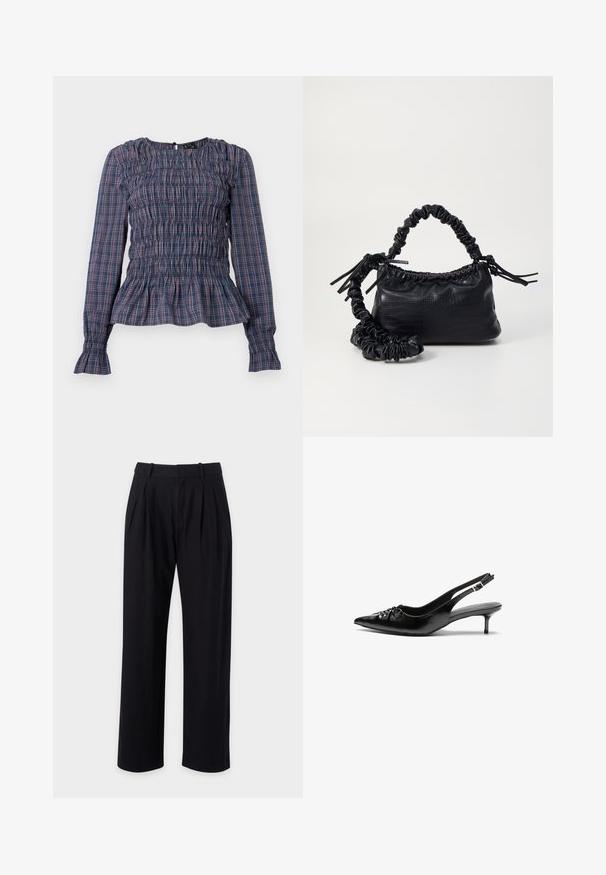 Blue and red plaid long-sleeve blouse with smocked bodice and ruffled hem and cuffs, displayed on a white background.; Black trousers with a straight-leg design, featuring pleats at the front, a smooth texture, and a classic waistband for a tailored look.; Black leather slingback heels with a pointed toe, small kitten heel, and a decorative knot detail on the front. Smooth texture throughout.; Black faux leather handbag with a crocodile texture, cinched top, and a scrunched strap. Appears soft and compact in design.