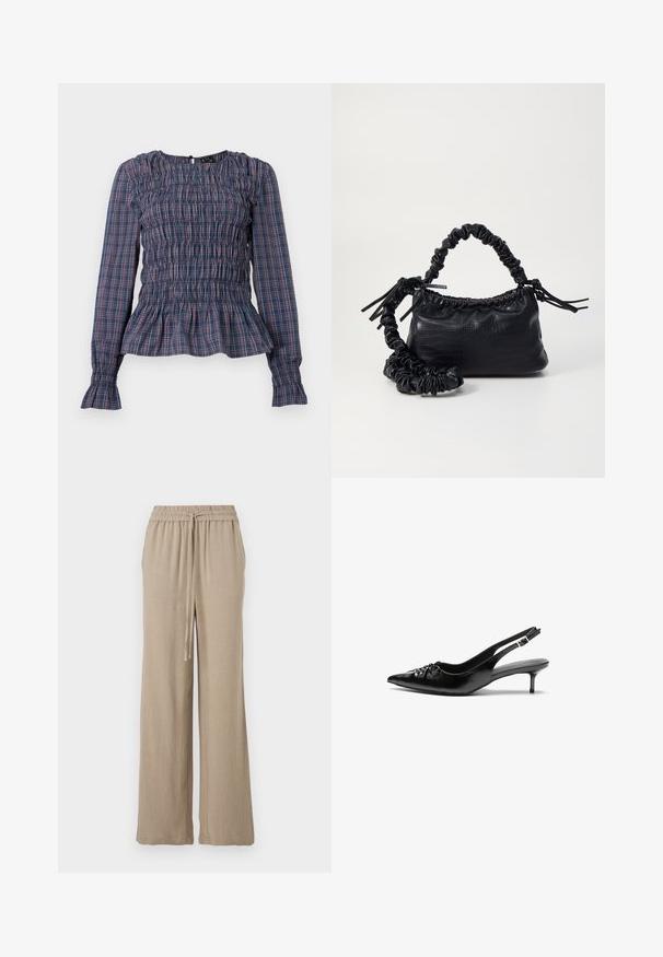 Blue and red plaid long-sleeve blouse with smocked bodice and ruffled hem and cuffs, displayed on a white background.; Beige wide-leg trousers made from a lightweight fabric. Features an elastic waistband with a drawstring and side pockets. Smooth texture.; Black leather slingback heels with a pointed toe, small kitten heel, and a decorative knot detail on the front. Smooth texture throughout.; Black faux leather handbag with a crocodile texture, cinched top, and a scrunched strap. Appears soft and compact in design.