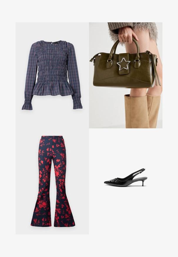 Sinine ja punane ruuduline pika varrukaga bluus, mille ülaserv on smockitud ja mis on ääristatud volangidega, kavandatud valgel taustal.; Tumedad põlvpüksid, mis on valmistatud tumehallist kangast erksate punaste lillemusteritega. Kirjeldavad kitsast vöökohta ja kellukese kujuga jalgu. Silky tekstuur.; Musthave nahkased kõrged kontsad, millel on terav varvas, väike kitten-kont ja dekoratiivne sõlm ees. Ühtlane sile tekstuur.; Oliivroheline kunstnahast käekott koos hõbedase tähe aktsendiga, kahe käepideme ja luku sulgemisega. Tekstuuriga pind ja struktureeritud kuju.