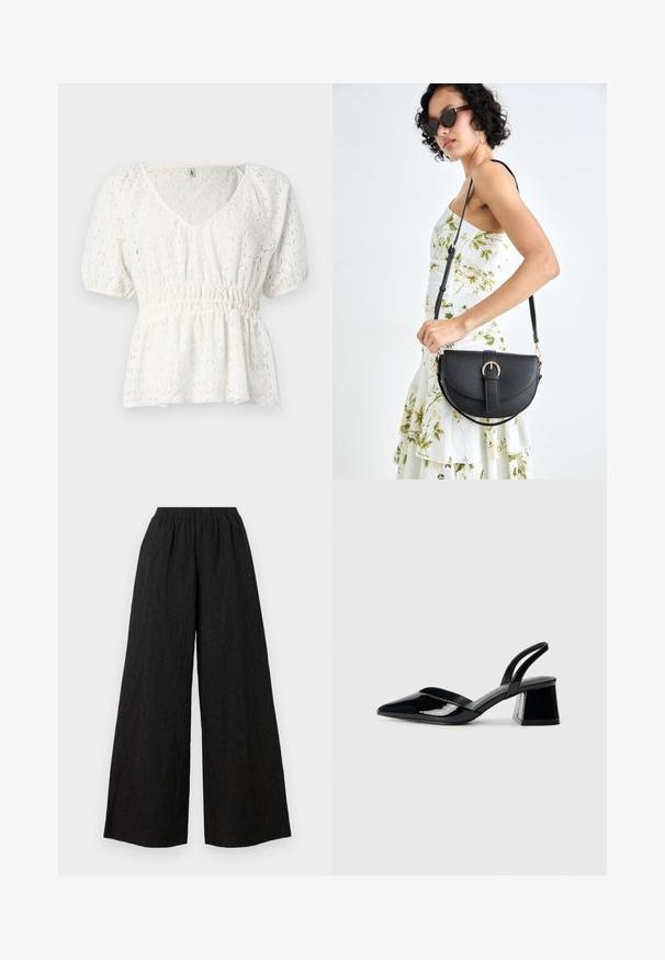 Balta trumpa rankovėmis palaidinė pagaminta iš tekstūruotos medžiagos, su V formos iškirpte, elastingu juosmeniu ir sudėtingu deimanto raštu visame paviršiuje.; Juodos plačios kelnės, pagamintos iš tekstūruoto audinio, su elastinga juosmens juostele. Kelnės turi laisvą siluetą ir raukšlėtą paviršiaus dizainą.; Juodos lakuotos odinės šlepetės su smailiu pirštu ir geometriniu bloko kulnu. Turi elegantišką, minimalistinį dizainą ir lygų paviršių.; Juodas odinis krepšys su išlenkta forma, nuimamu dirželiu ir auksiniais detalėmis. Krepšys turi kilpą su sagtimi.