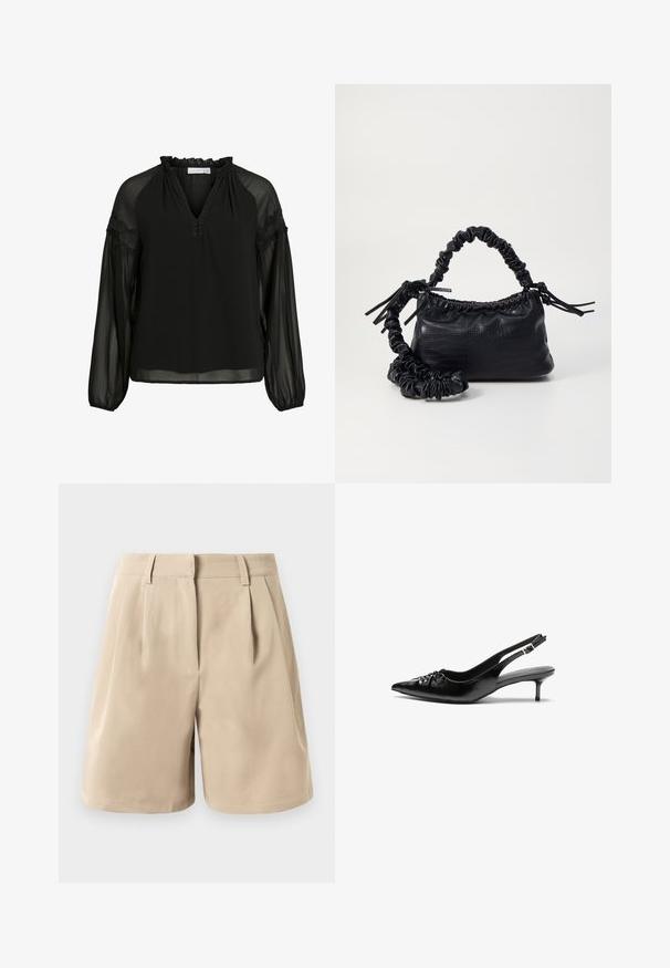 Must mustärk, V-kaelusega, volangidega kaelaosa, läbipaistvad pikad varrukad ja pitsi aksendid õlgadel. Kerge ja voogav kangas.; Beez kõrge talje ja tehniliselt lõigatud lühikesed püksid, millel on vööni tõmbamisaugud, ees olevad voldid ja peidetud esine klipp, valge tausta taustal.; Musthave nahkased kõrged kontsad, millel on terav varvas, väike kitten-kont ja dekoratiivne sõlm ees. Ühtlane sile tekstuur.; Must must sünteetilisest nahast käekott, millel on krokodillimuster, kokku tõmmatav ülaosa ja kortsus rihm. Tundub pehme ja kompaktne disain.