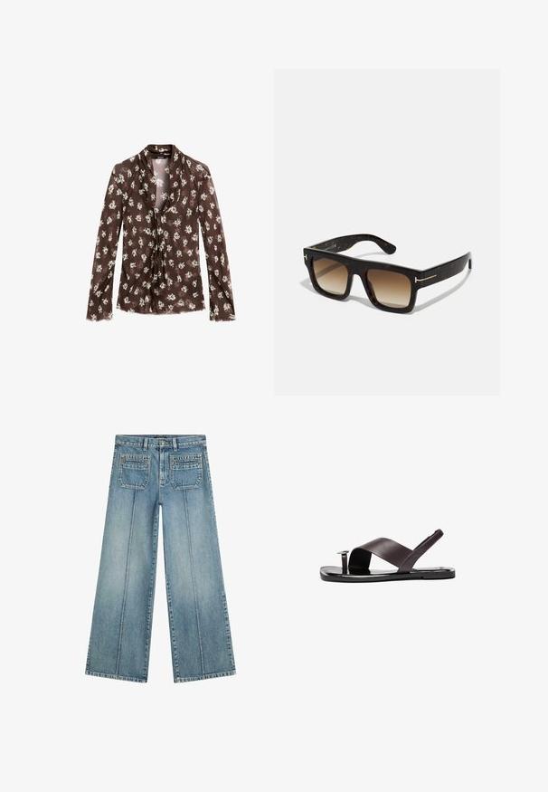 Massimo Dutti FLOWING GARMENT WITH SCARF COLLAR - Blus - mottled dark brown; Ljusblå vida jeans i denim med hög midja, två bakfickor och framvikningar för en strukturerad detalj.; Bruna läder-sandaler med en korskorsande remdesign, platt sula och liten cirkulär hårdvarudetalj. Slät textur, minimalistisk stil.; Sköldpaddsrandiga solglasögon med fyrkantig båge, gradientbruna linser och subtila guldfärgade detaljer på skalmarna.; DRAGON DIFFUSION SANTA CROCE BIG - Handväska - dark brown