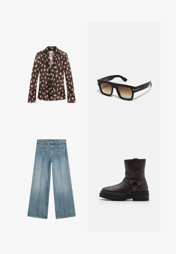 Massimo Dutti - Bluzka; Jasnoniebieskie dżinsy w szerokim kroju, wykonane z denimu, z wysokim stanem, dwiema tylnymi kieszeniami i plisami z przodu dla strukturalnego detalu.; Brązowy skórzany botek za kostkę z kwadratowym noskiem, z dodatkami w postaci klamr i grubą czarną podeszwą. Posiada zamek błyskawiczny z boku oraz teksturowaną powierzchnię.; Okulary przeciwsłoneczne w kolorze żółwia z kwadratową ramą, gradientowymi brązowymi soczewkami i subtelnymi złotymi akcentami na zausznikach.; DRAGON DIFFUSION SANTA CROCE ciemnobrązowy