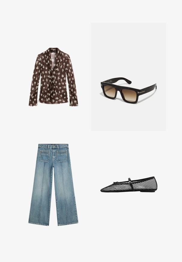 Massimo Dutti FLOWING GARMENT WITH SCARF COLLAR - Bluse - mottled dark brown; Hellblaue, weit geschnittene Jeans aus Denim, mit hoher Taille, zwei Gesäßtaschen und vorderen Falten für eine strukturierte Detailgestaltung.; Schwarze Netz-Balletflats mit spitz zulaufender Zehenpartie, dekorativem Riemen und dezentem Akzent. Sie verfügen über ein offenes Netzdesign und eine flache Sohle.; Schildpatt-Sonnenbrille mit quadratischem Rahmen, braunen verlaufenden Gläsern und subtilen goldfarbenen Hardware-Details an den Bügeln.; DRAGON DIFFUSION SANTA CROCE BIG - Handtasche - dark brown