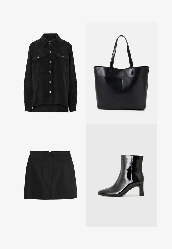 Schwarzes Cordhemd mit Knopfleiste, zwei Brusttaschen und goldfarbenen Knöpfen. Mit langen Ärmeln und einem leicht abgerundeten Saum.; Schwarzer Minirock aus glattem Material, mit geradem Schnitt, zwei Gesäßtaschen und einem verdeckten Reißverschlussverschluss auf der Rückseite.; Schwarzer Lackleder-Stiefelette mit spitzer Zehe und einem mittelhohen Blockabsatz. Glatte Textur und minimalistisches Design.; Schwarze Leder-Shopper-Tasche mit zwei langen Griffen, einer glatten Textur und einer strukturierten Form. Verfügt über eine Vordertasche für zusätzlichen Stauraum.