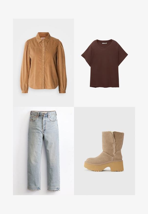 Brun kordflorskjorta med krage, helärmade puffärmar och knäppning, med en texturerad tyg och rundad nederkant.; Brun oversized t-shirt i bomull, med rund hals, korta ärmar och avslappnad passform. Slät textur utan synliga mönster.; Ljusblå denimjeans med rak ben-design, som har en sliten fåll, kopparnitar och en klassisk femficksstil.; Beige mockasteboots till mitten av vaden med en tjock gul plattformssula, som har ett mjukt, texturerat foder och en rundad tådesign. Enkel yttermaterial.