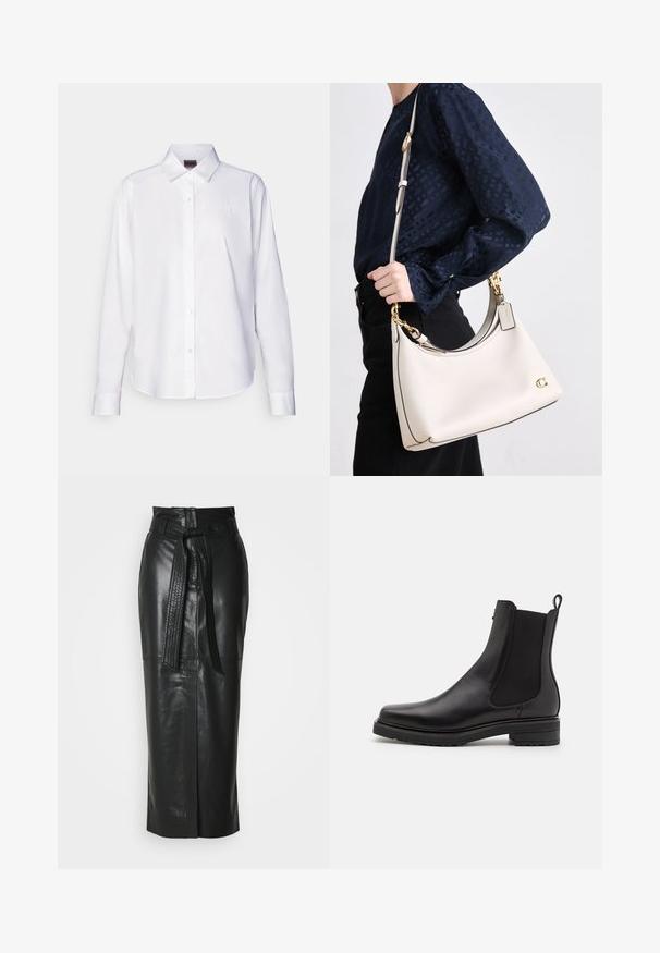 White long-sleeve button-up shirt made of cotton. Features a classic collar and subtle branded embroidery on the chest. Smooth texture.; Black leather skirt with a high waist, belted detail, and a straight cut. Features a subtle sheen and a front slit for ease of movement.; Black leather ankle boot with elastic side panels, a low stacked heel, and a pull tab on the back. Smooth texture and sleek design.; A beige leather handbag with dark trim, a curved silhouette, gold hardware, and a detachable strap, held at the side against a dark outfit.