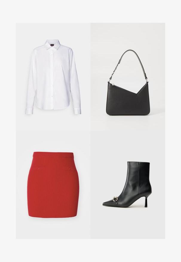 Weiße Langarm-Bluse aus Baumwolle. Mit klassischem Kragen und subtilem Markenstick auf der Brust. Glatte Textur.; Roter gerippter Strickrock mit taillierter Passform, der zwei kleine geknöpfte Taschen auf der Vorderseite und einen glatten Taillenbund aufweist.; Schwarze Leder-Stiefelette mit spitzer Zehe, schlankem, mittelhohem Absatz und silberner Schnalle seitlich vor einem schlichten Hintergrund.; Schwarze Lederhandtasche in dreieckiger Form, mit schmalem Tragegurt und silbernem Zubehör. Sie verfügt über einen Reißverschluss und ein geprägtes Logo auf der Vorderseite.