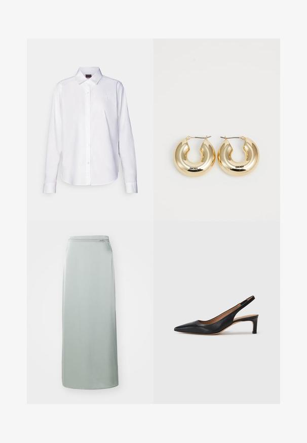 Balta ilga rankovė mygtukų marškiniai, pagaminti iš medvilnės. Yra klasikinis apykaklė ir subtilus prekės ženklo siuvinėjimas ant krūtinės. Lygi tekstūra.; Ilga, šviesiai žalia sijonas, pagamintas iš lygaus audinio. Tiesios kirpimo su paslėptu užtrauktuku liemens srityje. Minimalistinis dizainas, be raštų ar akcentų.; Juodas odinis šliuurkastukas su smailiu pirštu, žemu kulnu ir glotnia tekstūra. Turi ploną reguliuojamą dirželį patogiam prigludimui.; Auksinės auskarų lankeliai su lygiu, suapvalintu dizainu ir blizgiu paviršiumi, turintys užsegimą. Išgraviruota "DKNY."