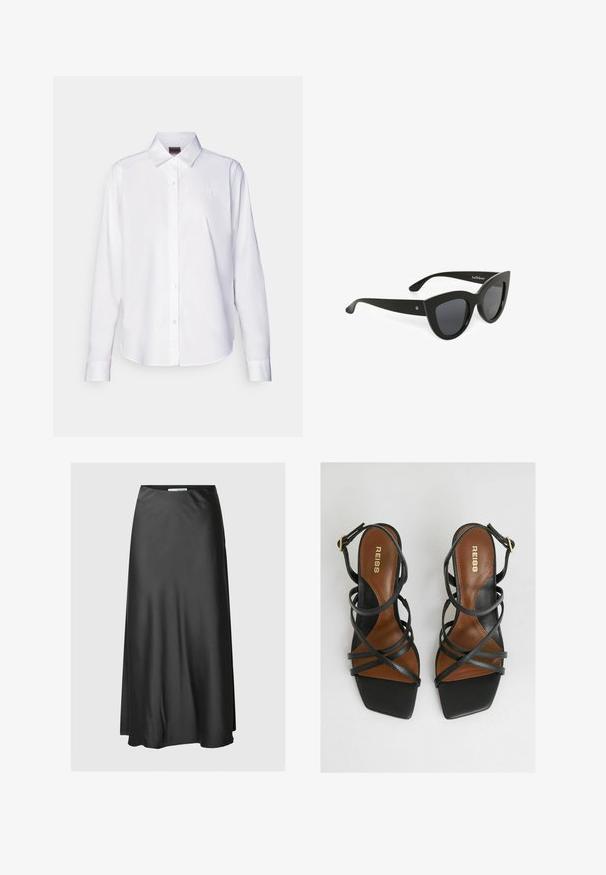 Balta garo piedurkņu krekls ar pogām, izgatavots no kokvilnas. Iekļauj klasisku apkakli un smalku zīmola izšuvumu uz krūtīm. Gluda tekstūra.; Melna satīna maxi svārki ar gludu tekstūru, taisnu siluetu un elastīgu jostasvietu, lai nodrošinātu ērtu piegulšanu.; Melnas augstpapēžu sandales ar vairākiem šauriem siksniņām, kvadrātveida purngaliem, brūnām iekšējām zolēm un zelta sprādzi uz potītes siksniņas.; Melni kaķu acu saulesbrilles ar tumšiem stikliem. Izgatavotas no plastmasas, ar gludu virsmu un logotipa detaļām uz tempļiem.; Zeltainas sfēriskas auskaru pušķis ar mirdzošu, atstarojošu virsmu. Dizains ir vienkāršs un gluds, radot modernu, minimālistisku izskatu.
