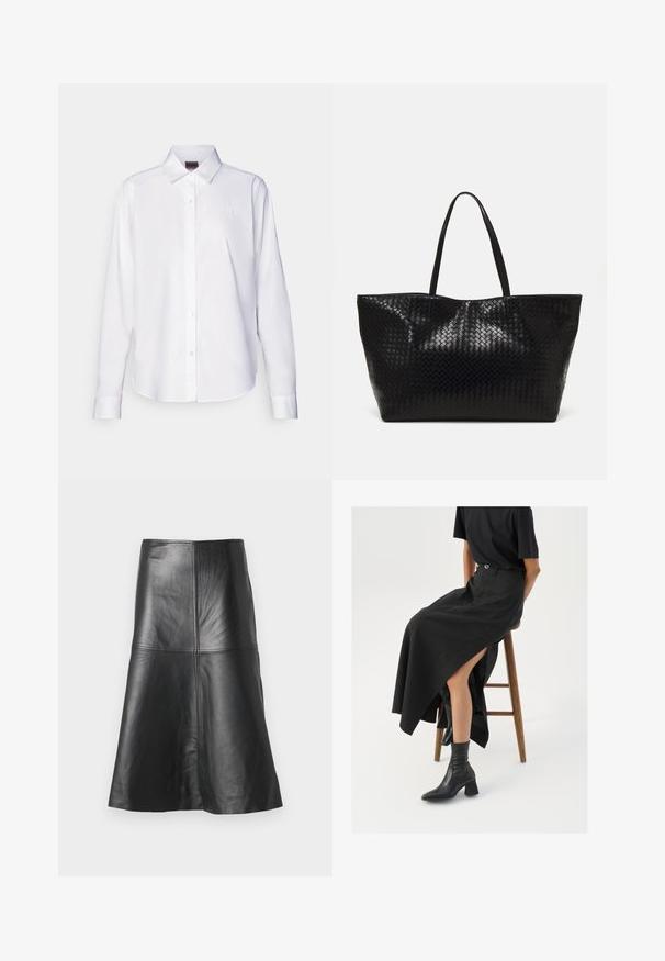 White long-sleeve button-up shirt made of cotton. Features a classic collar and subtle branded embroidery on the chest. Smooth texture.; Black leather A-line skirt featuring seams and a smooth texture, tapering towards the hem. Simple design with no additional embellishments.; Black linen maxi skirt with a high slit, worn with a black t-shirt and black ankle boots. Minimalistic design with a relaxed fit.; Black woven tote bag with two sturdy handles, featuring a glossy texture and a spacious open top design.
