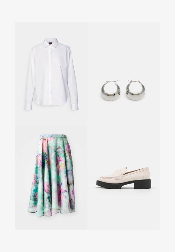 Hvid langærmet skjorte med knapper lavet af bomuld. Har en klassisk krave og diskret mærke-broderi på brystet. Glat tekstur.; Marc Cain A-snit nederdel - light green; Lys beige læder loafers med en syet front og en tekstureret sort platformhæl. Har et buet design og en let hævning.; Sølvfarvede metalørehængere med en glat, skinnende overflade og et struktureret, afrundet design. Udstyret med en hængslet lås for sikker bæring.