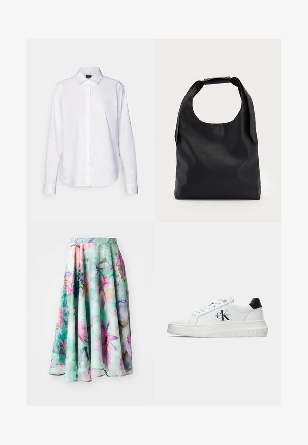 Chemise blanche à manches longues, boutonnée, fabriquée en coton. Comprend un col classique et une broderie de marque discrète sur la poitrine. Texture lisse.; Marc Cain Jupe trapèze - light green; Baskets basses blanches avec un tab de talon noir, semelle plateforme, lacets et logo "CK" de Calvin Klein sur le côté.; Sac hobo en cuir noir avec une seule poignée ronde et douce ; présente une texture lisse et un design minimaliste. Pas de matériel ou d'accents visibles.